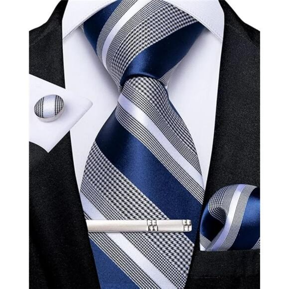 Striped silk tie set with pocket square cufflinks tie clip formal wedding - Picture 7 of 7
